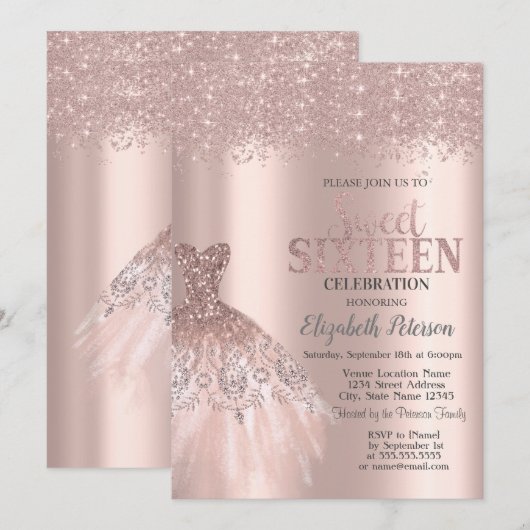 Koel glitterstof, jurk roze goud zoete 16 kaart (Voorkant / Achterkant)