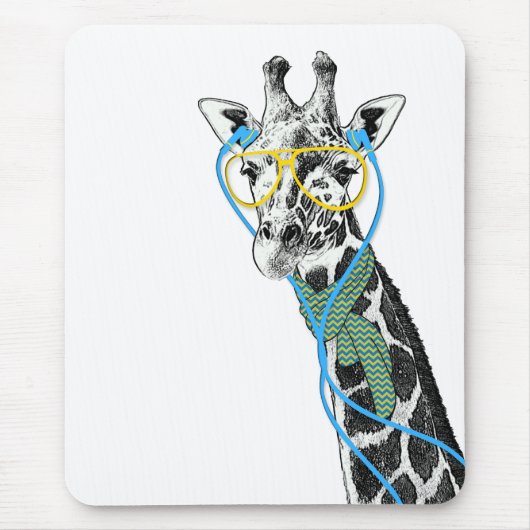 Koel grappige trendy giraffe met bril, oortelefoon muismat (Voorkant)