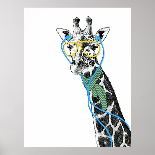 Koel grappige trendy giraffe met bril, oortelefoon poster (Voorkant)