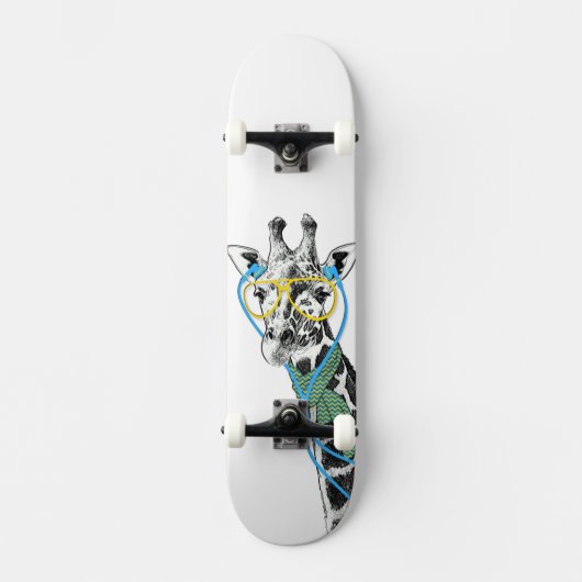 Koel grappige trendy giraffe met bril, oortelefoon skateboard (Voorkant)