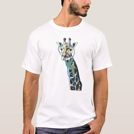 Koel grappige trendy giraffe met bril, oortelefoon t-shirt (Voorkant)
