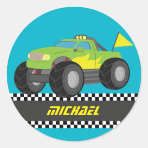 Koel groene monstertruck voor racejongens ronde sticker