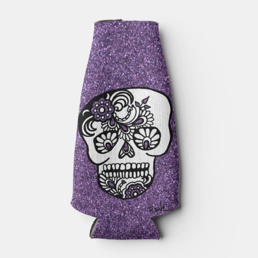 Koel halloween dag van de dode glitter Sugar Skull Flesjeskoeler (Voorkant)