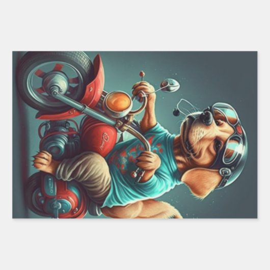 Koel hond die een cadeaastas voor motorfietsen bes inpakpapier vel (Voorkant)