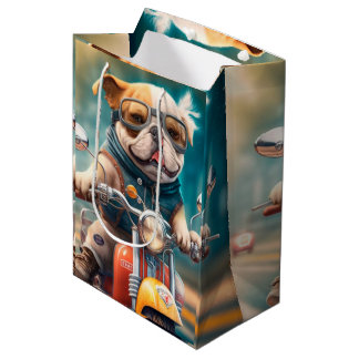 Koel hond die een cadeaastas voor motorfietsen bes medium cadeauzakje