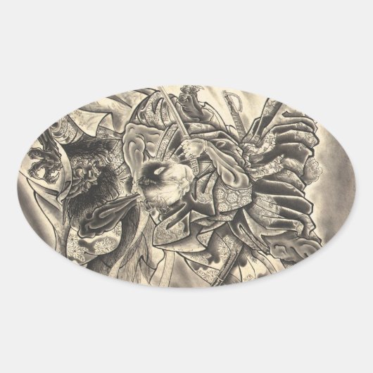 Koel  japans demon samurai vecht tattoo ovale sticker (Voorkant)