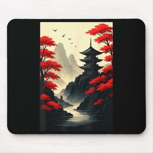Koel Japans Pagode Kasteel Berg Landschap Gra Muismat (Voorkant)