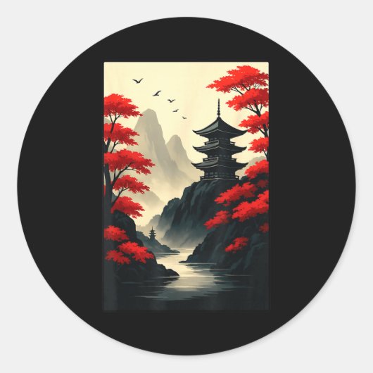 Koel Japans Pagode Kasteel Berg Landschap Gra Ronde Sticker (Voorkant)