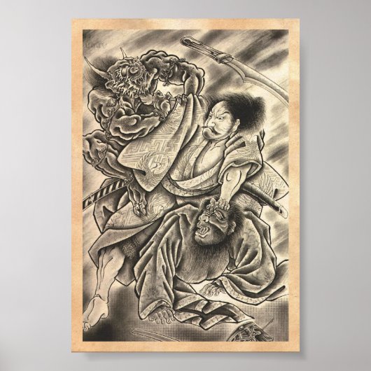 Koel japanse samurai demon vecht tattoo poster (Voorkant)