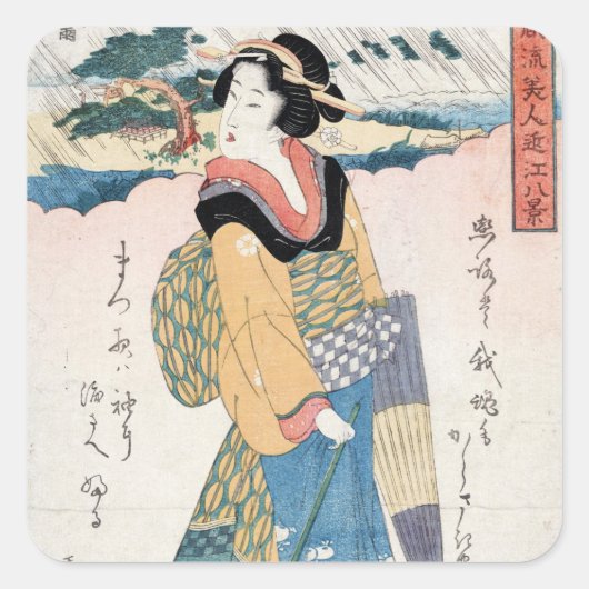 Koel  japanse ukiyo-e scroll geisha art vierkante sticker (Voorkant)