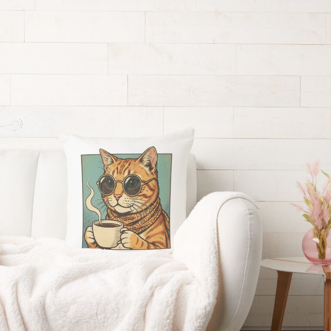 Koel kat koffie Retro stijl ontwerp voor kattenlie Kussen (Bank)