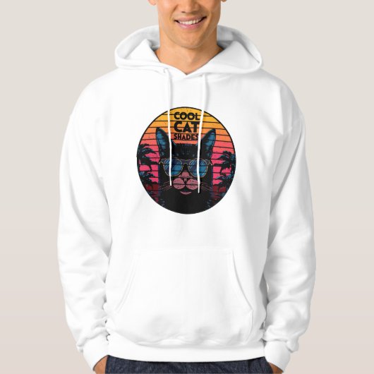 Koel Kat Zonnebril Vintage Synthwave Zonsondergang Hoodie (Voorkant)
