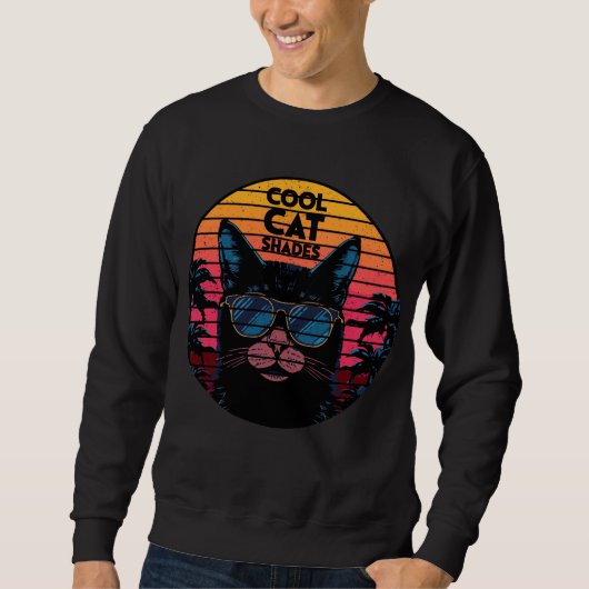 Koel Kat Zonnebril Vintage Synthwave Zonsondergang Trui (Voorkant)
