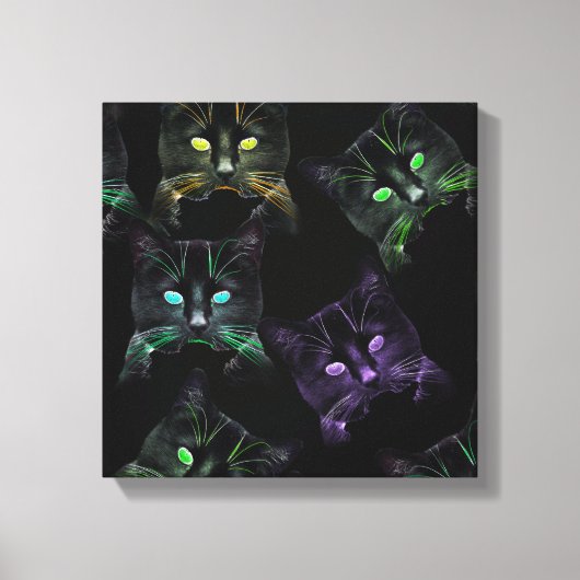 Koel Katten op zwart! Meerkleurige Funky Cats. Canvas Afdruk (Voorkant)