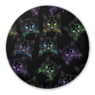 Koel Katten op zwart! Meerkleurige Funky Cats. Keramische Knop