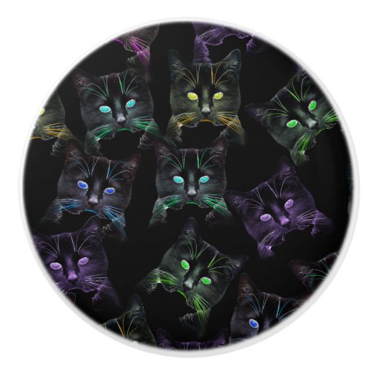 Koel Katten op zwart! Meerkleurige Funky Cats. Keramische Knop (Voorkant)