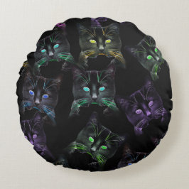 Koel Katten op zwart! Meerkleurige Funky Cats. Rond Kussen