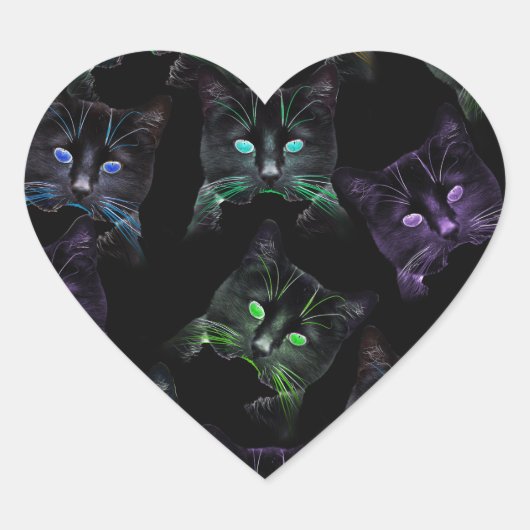 Koel Katten op zwart! Meerkleurige katten Hart Sticker (Voorkant)