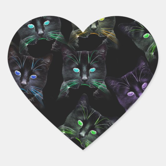 Koel Katten op zwart! Meerkleurige katten Hart Sticker (Voorkant)