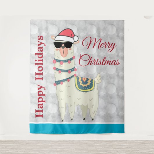 Koel kerstlama in Santa Hat en zonnebrillen Wandkleed (Voorkant)