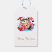 Koel kerstman, Roze flamingos, Beach Bokeh Cadeaulabel (Voorkant)