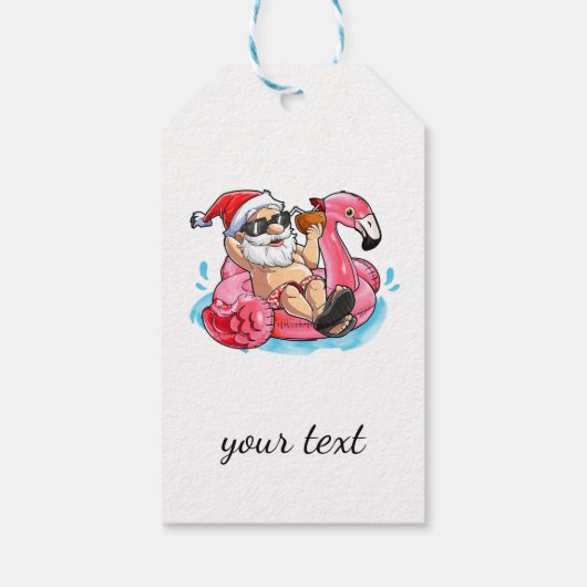 Koel kerstman, Roze flamingos, Beach Bokeh Cadeaulabel (Achterkant)