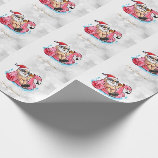 Koel kerstman, Roze flamingos, Beach Bokeh Cadeaupapier (Hoek)