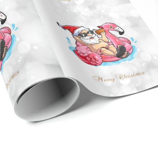 Koel kerstman, Roze flamingos, Beach Bokeh Cadeaupapier (Rol Hoek)