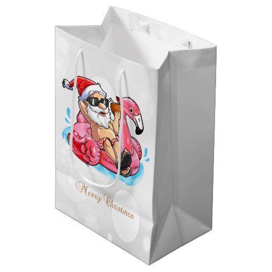 Koel kerstman, Roze flamingos, Beach Bokeh Medium Cadeauzakje (Voorkant Gekanteld)