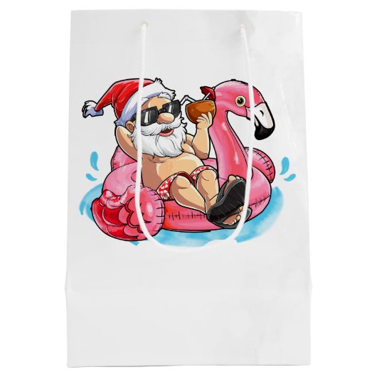 Koel kerstman, Roze flamingos, Beach Bokeh Medium Cadeauzakje (Achterkant)