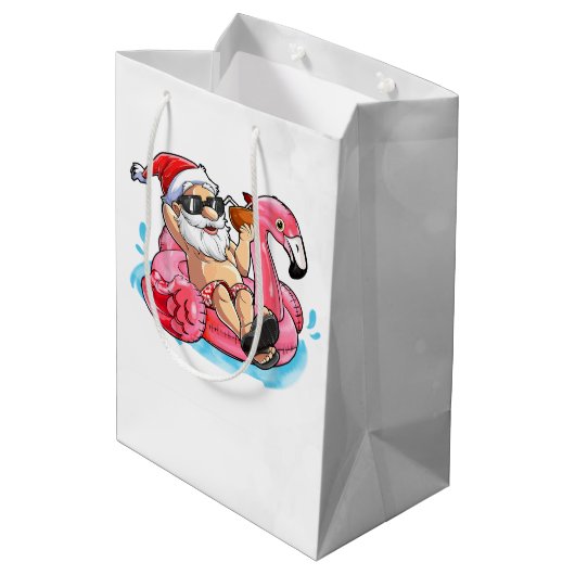 Koel kerstman, Roze flamingos, Beach Bokeh Medium Cadeauzakje (Achterkant Gekanteld)