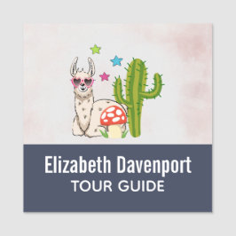 Koel lama in een zonnebril met een hoge zonnebril naamplaatje