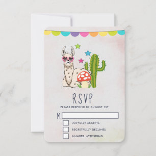 Koel lama in een zonnebril met een hoge zonnebril RSVP kaartje