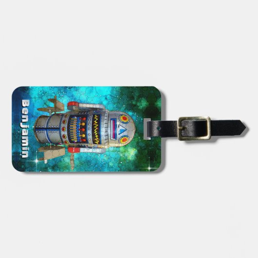 Koel leuke retro-speelgoed robot in melkwegstelsel bagagelabel (Voorkant horizontaal)