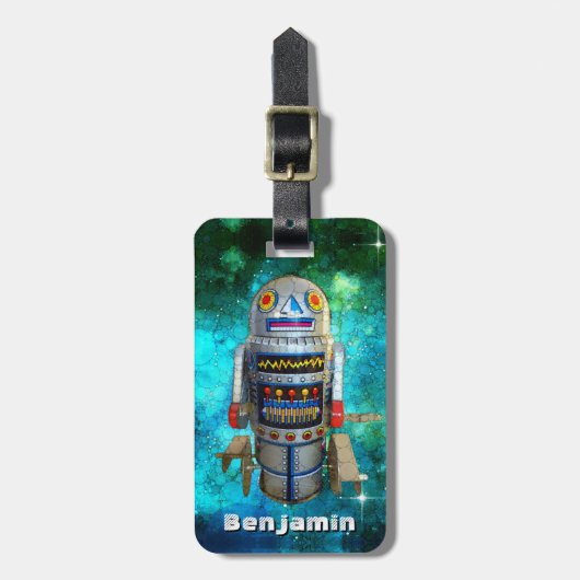 Koel leuke retro-speelgoed robot in melkwegstelsel bagagelabel (Voorkant verticaal)