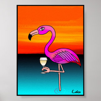 Koel leuke wijn drink Flamingo poster