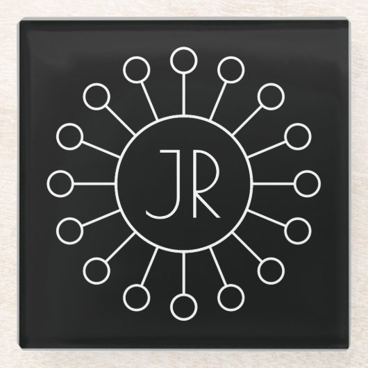 Koel Logo Stijl Monogram | Zwart-wit Glazen Onderzetter (Voorkant)