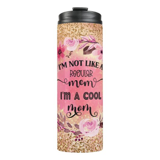 Koel mam Gold Glitter Pink Flowers Thermosbeker (Voorkant)
