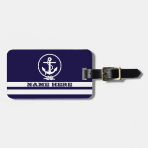 Koel maritiem streeppatroon en anker monogram bagagelabel