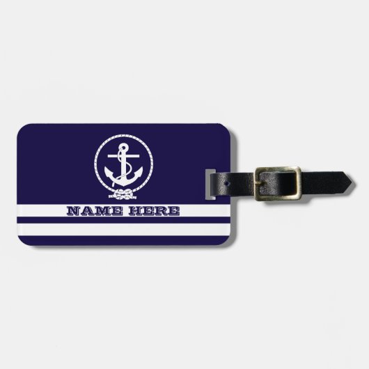 Koel maritiem streeppatroon en anker monogram bagagelabel (Voorkant horizontaal)