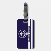 Koel maritiem streeppatroon en anker monogram bagagelabel (Achterkant verticaal)