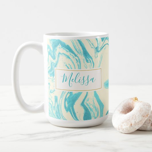 Koel marmer-ontwerp in Turquoise en Cream Custom Koffiemok (Met donut)