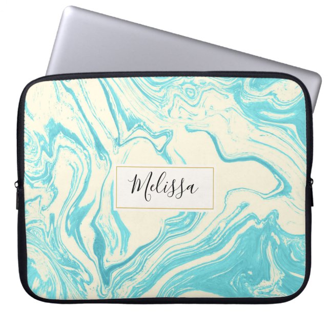 Koel marmer-ontwerp in Turquoise en Cream Custom Laptop Sleeve (Voorkant)