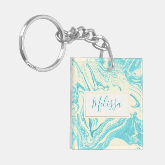 Koel marmer-ontwerp in Turquoise en Cream Custom Sleutelhanger (Voorkant Links)