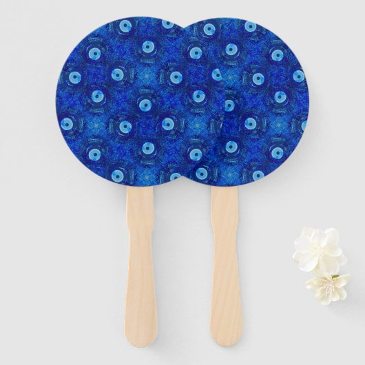 Koel, moderne digitale kunst van blauw boze oogpat handwaaier (Voorkant en achterkant)