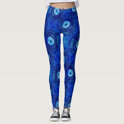 Koel, moderne digitale kunst van blauw boze oogpat leggings (Voorkant)