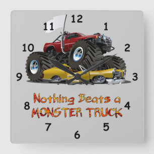 Koel Monster Truck Crushing a Car Drawing Vierkante Klok