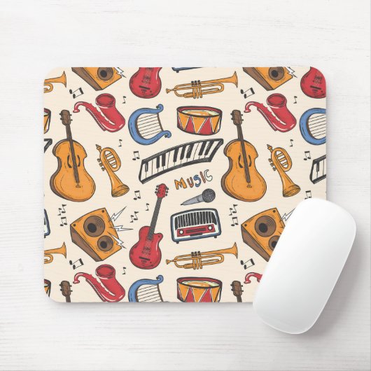 Koel muziek die Piano Drums Guitar Violin nog meer Muismat (Met muis)