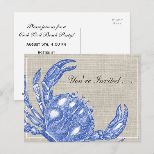 Koel  Nautical Blue Crab Boil Aangepast Uitnodiging Briefkaart (Voorkant / Achterkant)