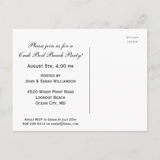 Koel  Nautical Blue Crab Boil Aangepast Uitnodiging Briefkaart (Achterkant)